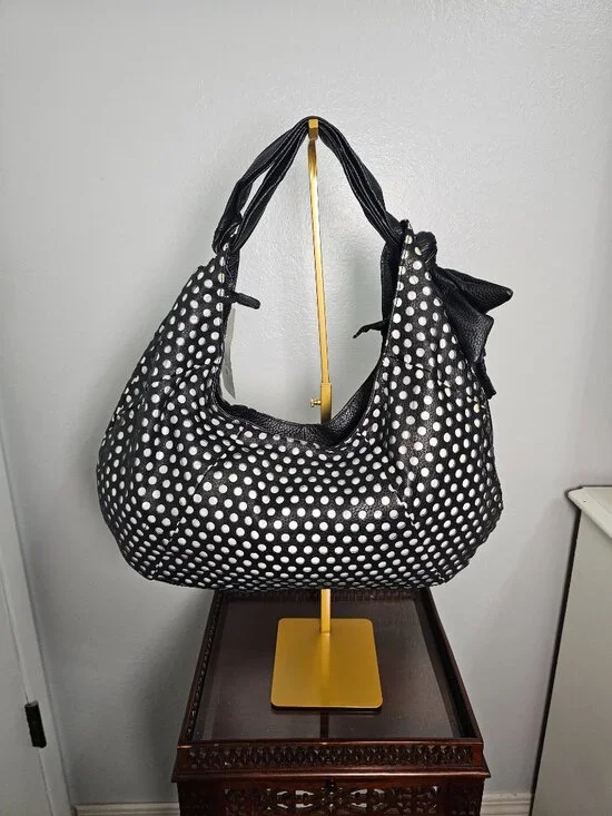NWT BCBGMAXAZRIA Black & White Perforated Polka Dot Hobo Bag - Vegan Leather - Picture 2 of 12